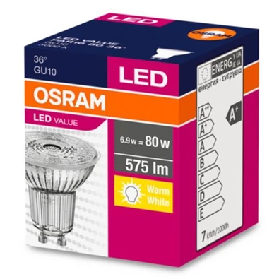 Osram Value PAR16 üveg ház/6,9W/575lm/3000K/GU10/230V/meleg fehér/36fok LED spot izzó