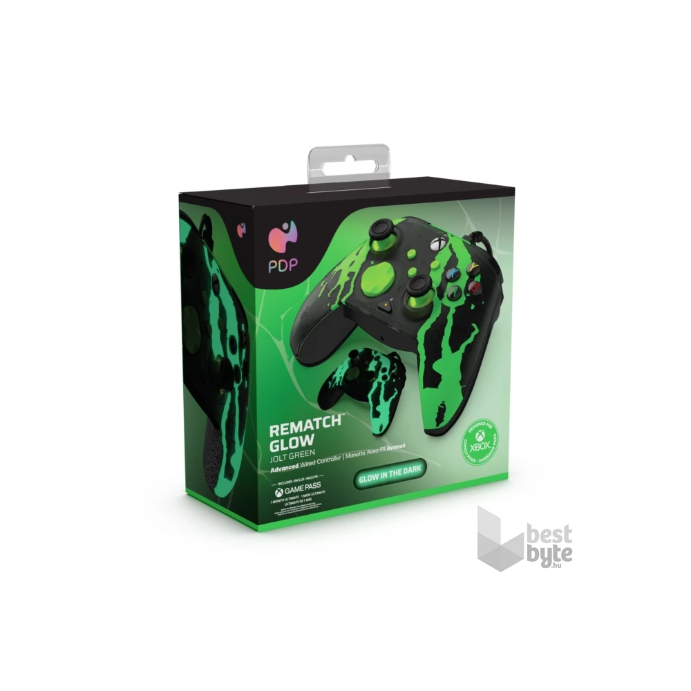 PDP 049-023-JGR Rematch Glow Adevanced Xbox Series X|S/Xbox One/PC vezetékes Jolt Green Glow in the Dark kontroller