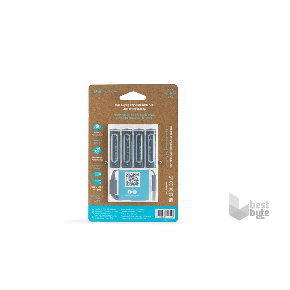 Paleblue PB-AA-C 4xAA 2000mAh USB-C újratölthető ceruza akkumulátor + töltőkábel