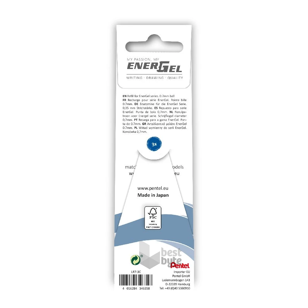 Pentel EnerGel 3 db/csomag 0.35mm zselés kék rollerirón betét