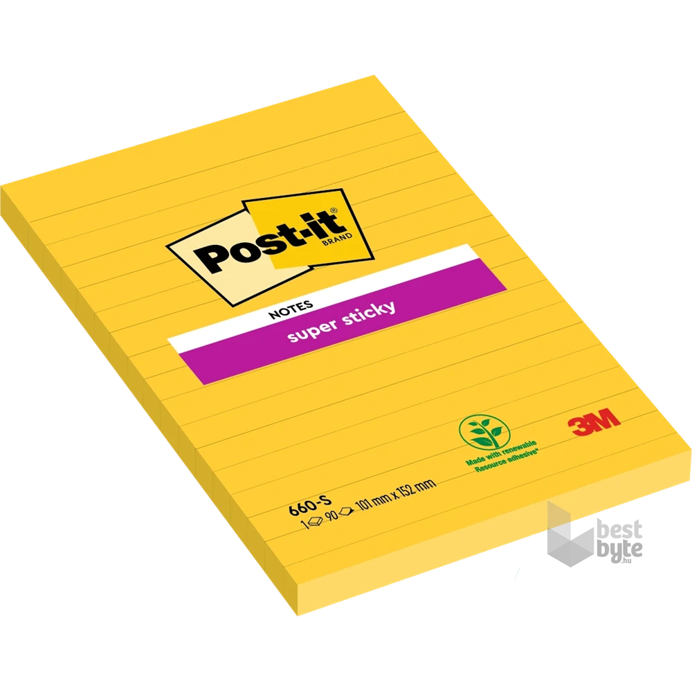 Post-it Super Sticky 102x152mm vonalas 90 lapos nárciszsárga jegyzettömb 100% PEFC, SGSCH-PEFC-COC-110078