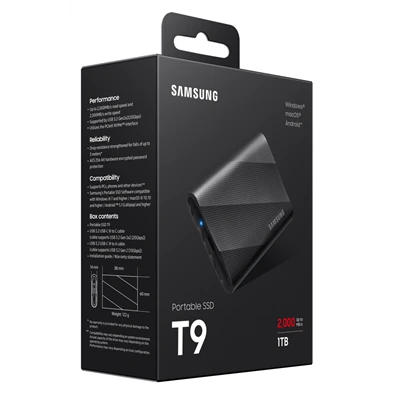 SAMSUNG Portable SSD T9 USB 3.2 Gen 2x2 1TB, Black