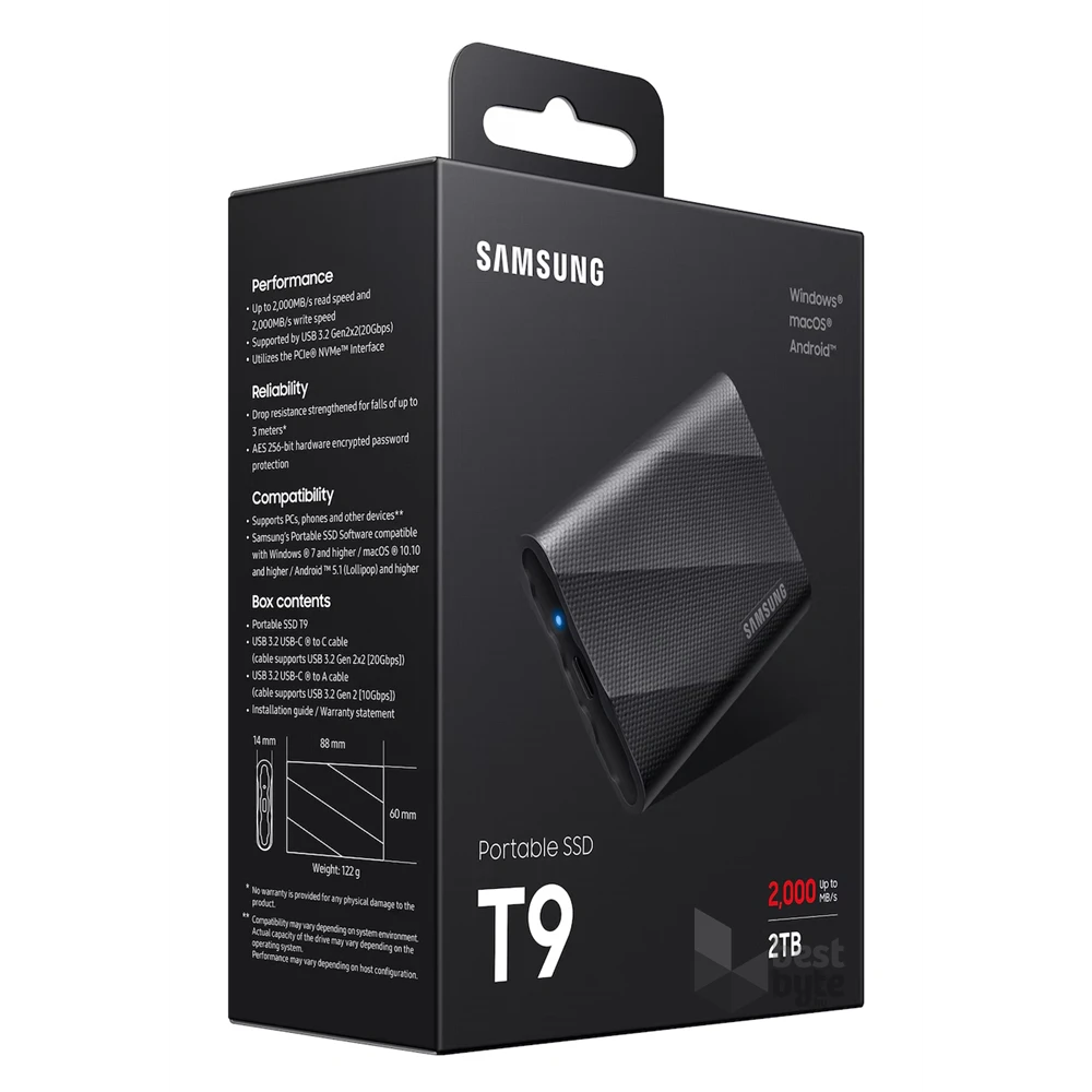 SAMSUNG Portable SSD T9 USB 3.2 Gen 2x2 2TB, Black