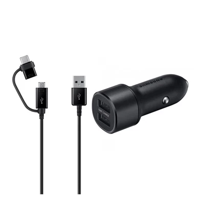 Samsung EP-L1100 15W 2xUSB fekete autós töltő + Type-C/microUSB kábel