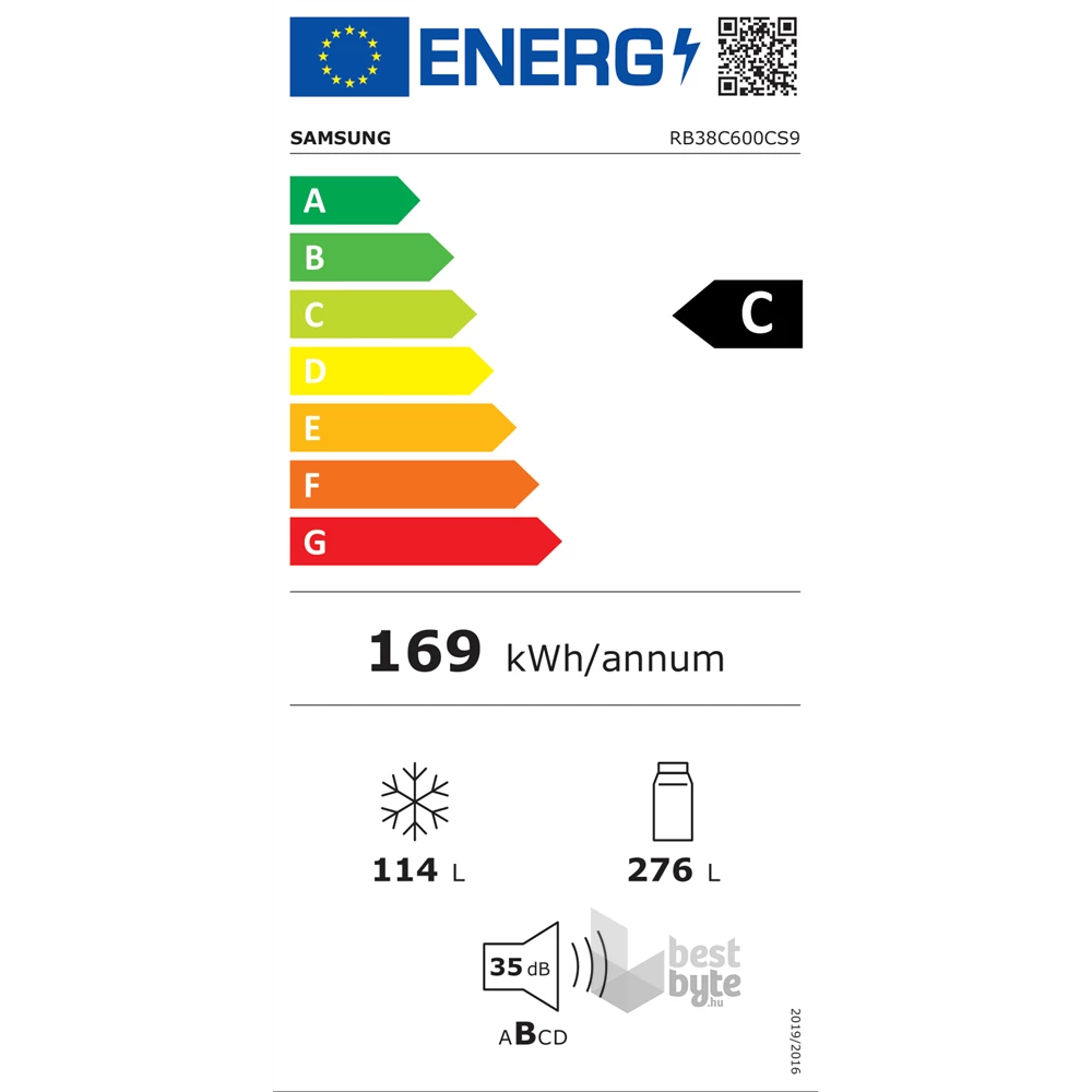 Samsung RB38C600CS9/EF inox, alulfagyasztós, Hűtő:276L, Fagyasztó:114L, hűtőszekrény