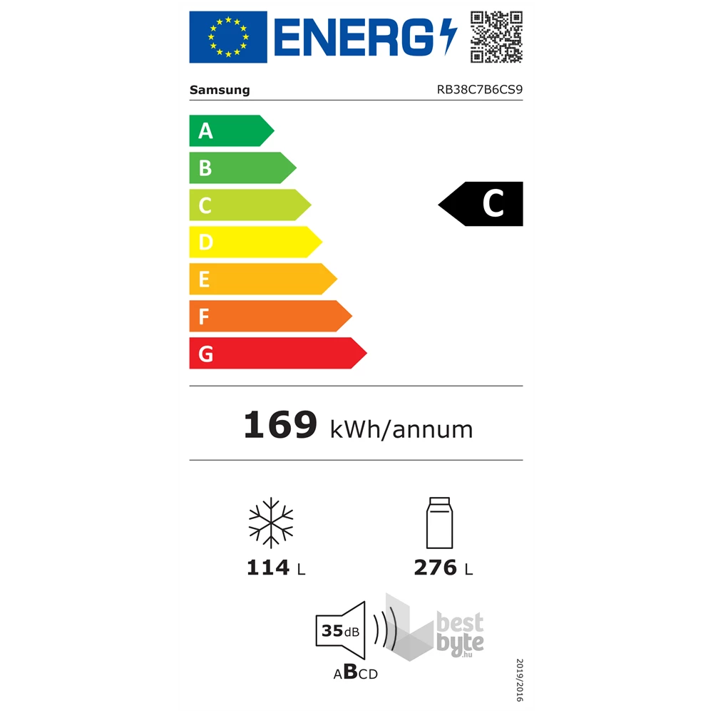 Samsung RB38C7B6CS9/EF inox, alulfagyasztós, Hűtő:276L, Fagyasztó:114L, hűtőszekrény