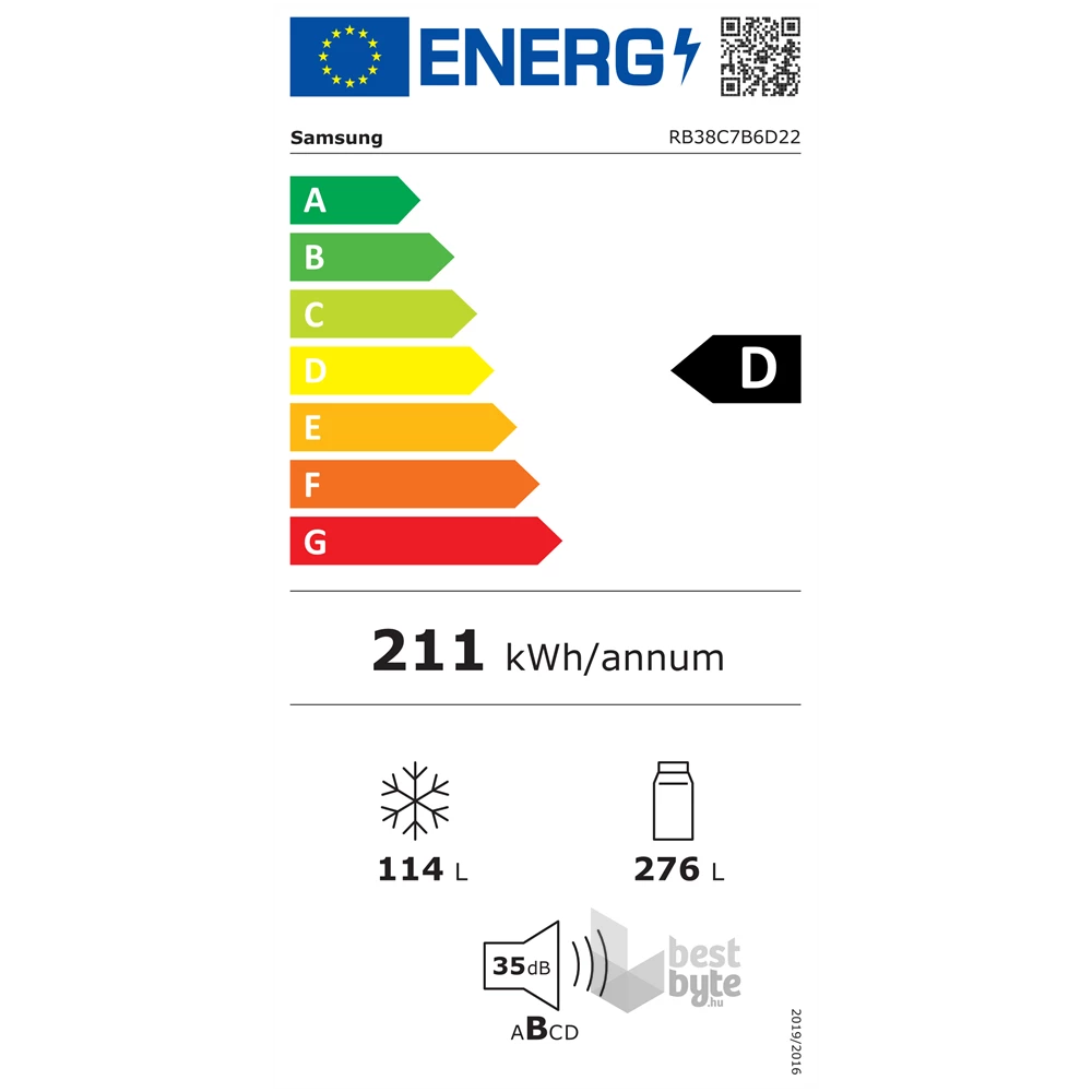 Samsung RB38C7B6D22/EF fekete, alulfagyasztós, Hűtő:276L, Fagyasztó:114L, hűtőszekrény
