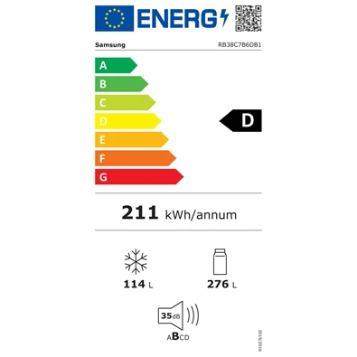 Samsung RB38C7B6DB1/EF fekete, alulfagyasztós, Hűtő:276L, Fagyasztó:114L, hűtőszekrény (Újszerű)