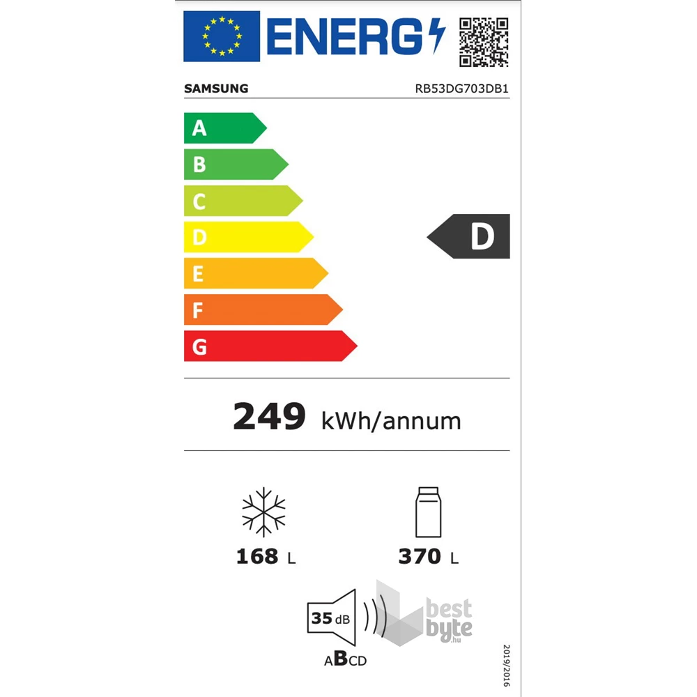 Samsung RB53DG703DB1EO fekete, alulfagyasztós, Hűtő:370L, Fagyasztó:168L, hűtőszekrény