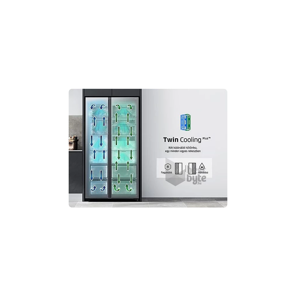 Samsung RS90F66BETEO inox, Side-by-Side, Hűtő:389L, Fagyasztó:225L, hűtőszekrény