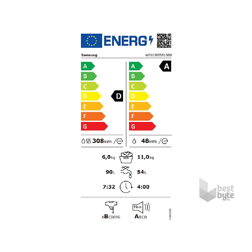 Samsung WD11DG5B15BBLE fekete, elöltöltős, max.1400ford., 11 kg/6 kg, mosó-szárítógép