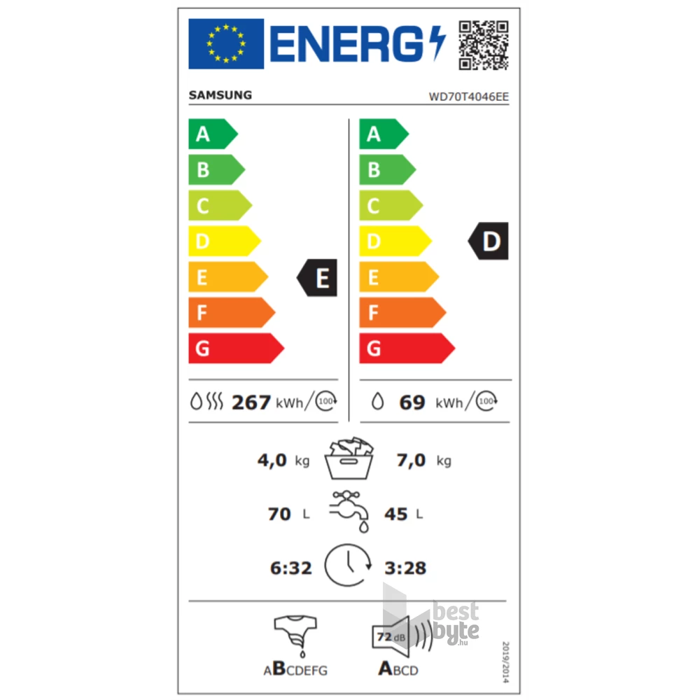 Samsung WD70T4046EE/LE fehér, elöltöltős, max.1400ford., 7 kg/4 kg, mosó-szárítógép