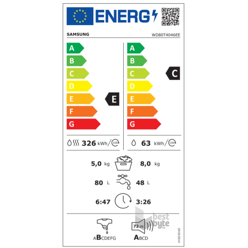 Samsung WD80T4046EE/LE fehér, elöltöltős, max.1400ford., 8 kg/5 kg, mosó-szárítógép
