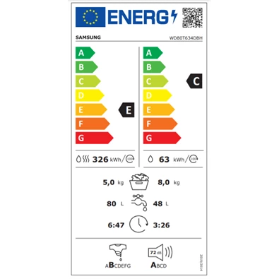 Samsung WD80T634DBH/S6 8 kg elöltöltős mosó-szárítógép
