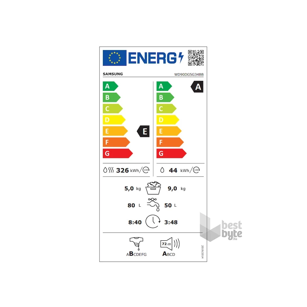 Samsung WD90DG5G34BBLE fekete, elöltöltős, max.1400ford., 9 kg/5 kg, mosó-szárítógép