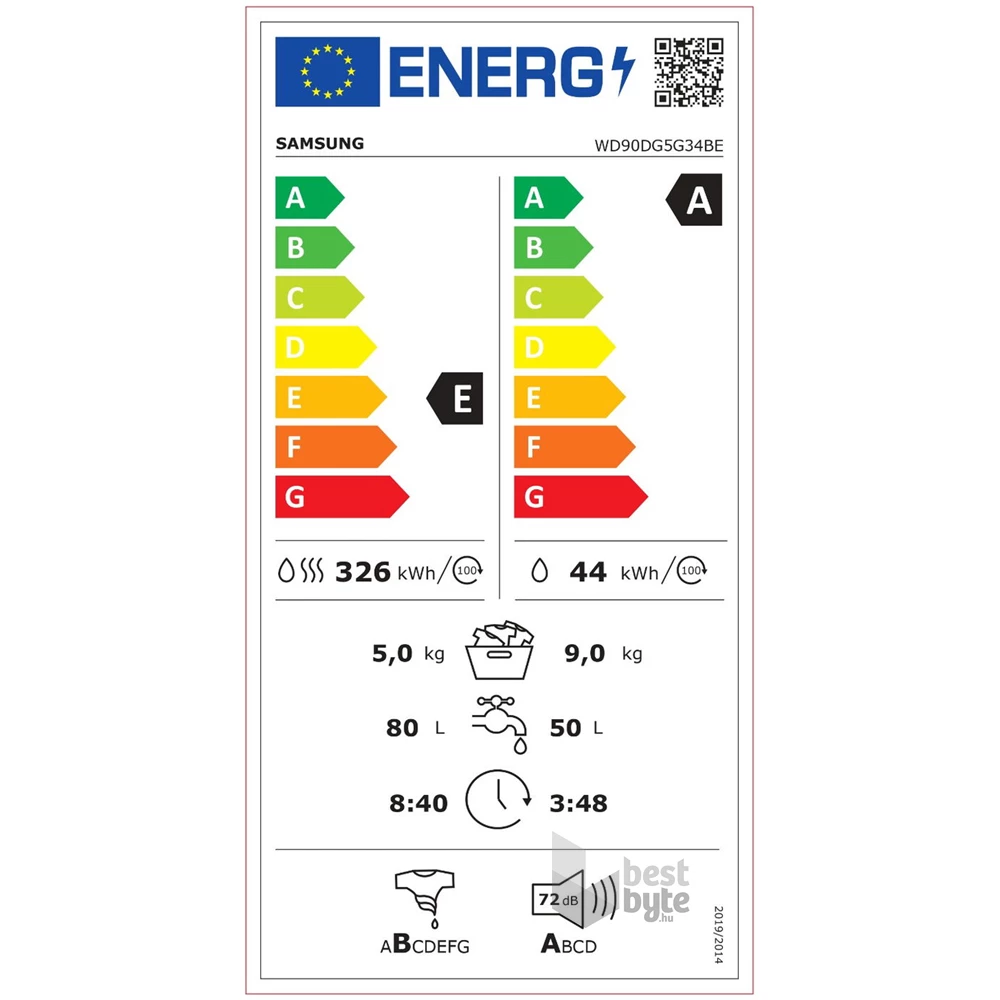 Samsung WD90DG5G34BELE fehér, elöltöltős, keskeny, max.1400ford., 9 kg/5 kg, mosó-szárítógép