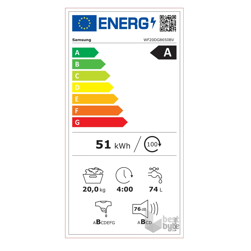 Samsung WF20DG8650BVU4 fekete, elöltöltős, max.1000ford., 20 kg, mosógép