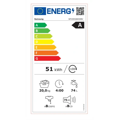 Samsung WF20DG8650BVU4 fekete, elöltöltős, max.1000ford., 20 kg, mosógép