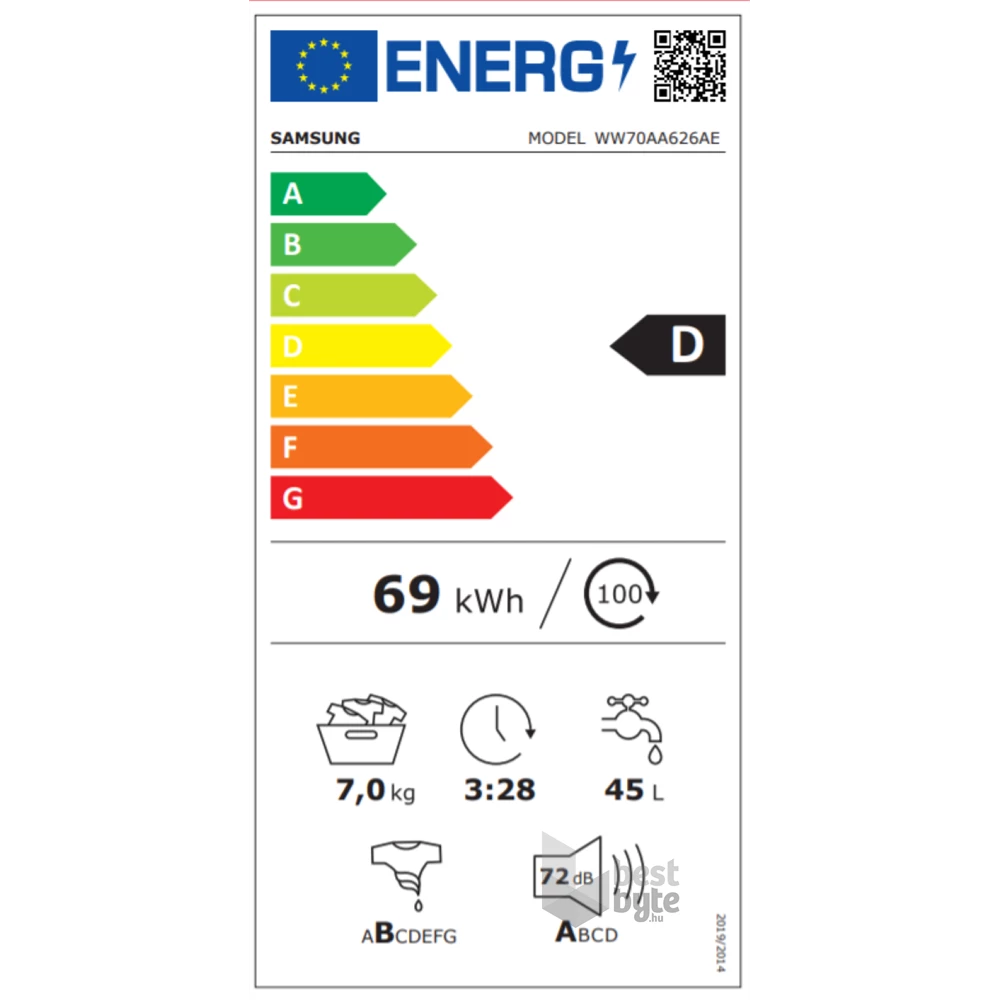 Samsung WW70AA626AE/LE fehér, elöltöltős, max.1200ford., 7 kg, mosógép