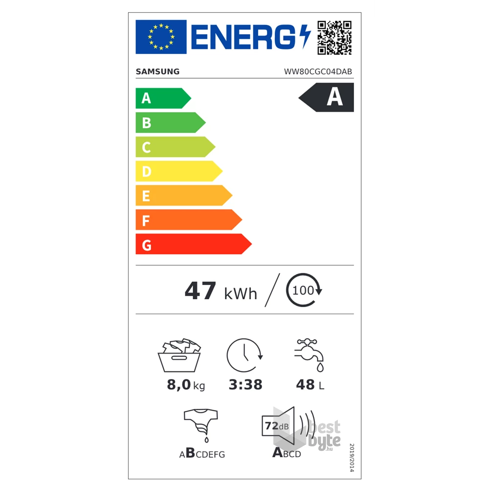 Samsung WW80CGC04DABLE fekete, elöltöltős, max.1400ford., 8 kg, mosógép