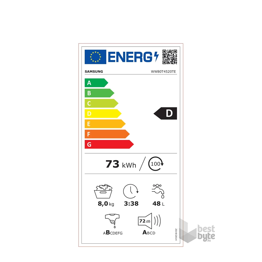 Samsung WW80T4520TE/LE fehér, elöltöltős, max.1200ford., 8 kg, mosógép