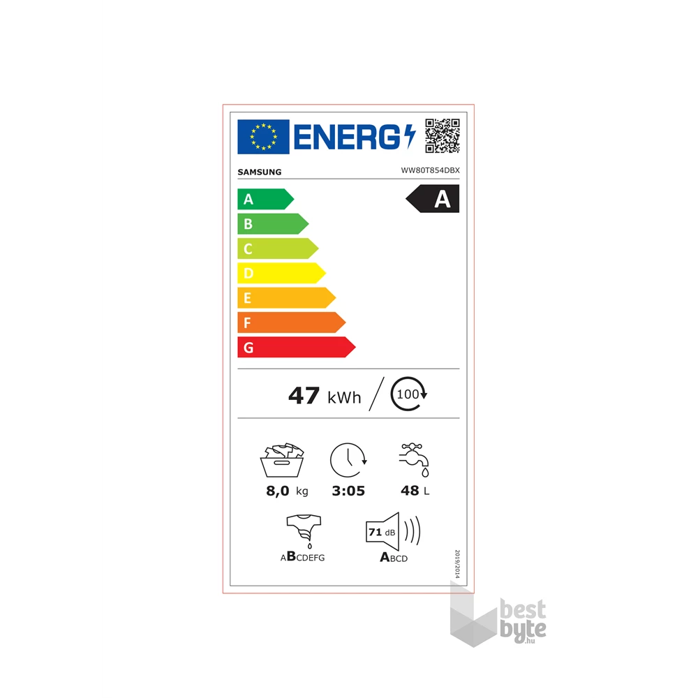 Samsung WW80T854DBX/S6 fekete, elöltöltős, max.1400ford., 8 kg, mosógép