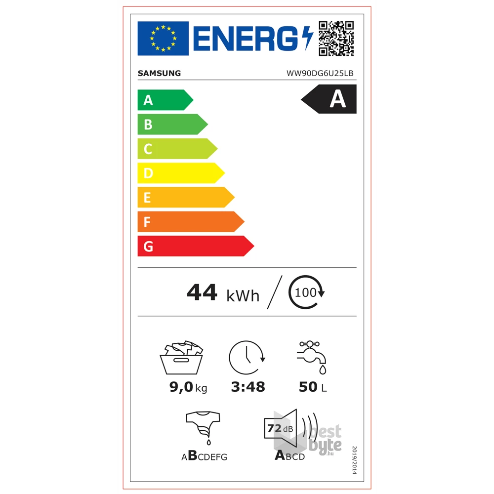 Samsung WW90DG6U25LBU4 fekete, elöltöltős, max.1400ford., 9 kg, mosógép (Újszerű)