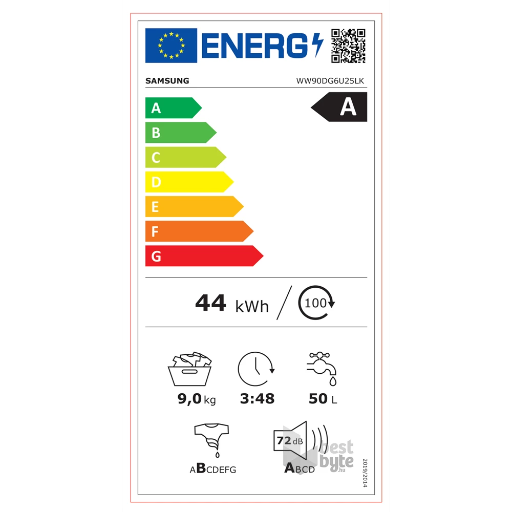 Samsung WW90DG6U25LKU4 fehér, elöltöltős, max.1400ford., 9 kg, mosógép