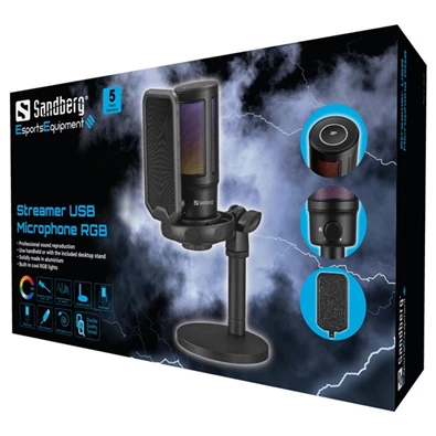 Sandberg (USB-C, Cardioid, RGB, 3,5 mm Jack fejhallgató kimenet, fekete) USB Streamer mikrofon