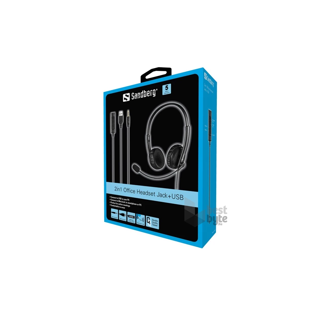 Sandberg (mikrofon, USB+Jack, hangerő szabályzó, 1,5m kábel) fekete 2in1 Office Jack+USB headset