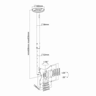 Sbox CPLB-28S 23"-43" VESA 200x200 dönthető, forgatható mennyezeti fali konzol