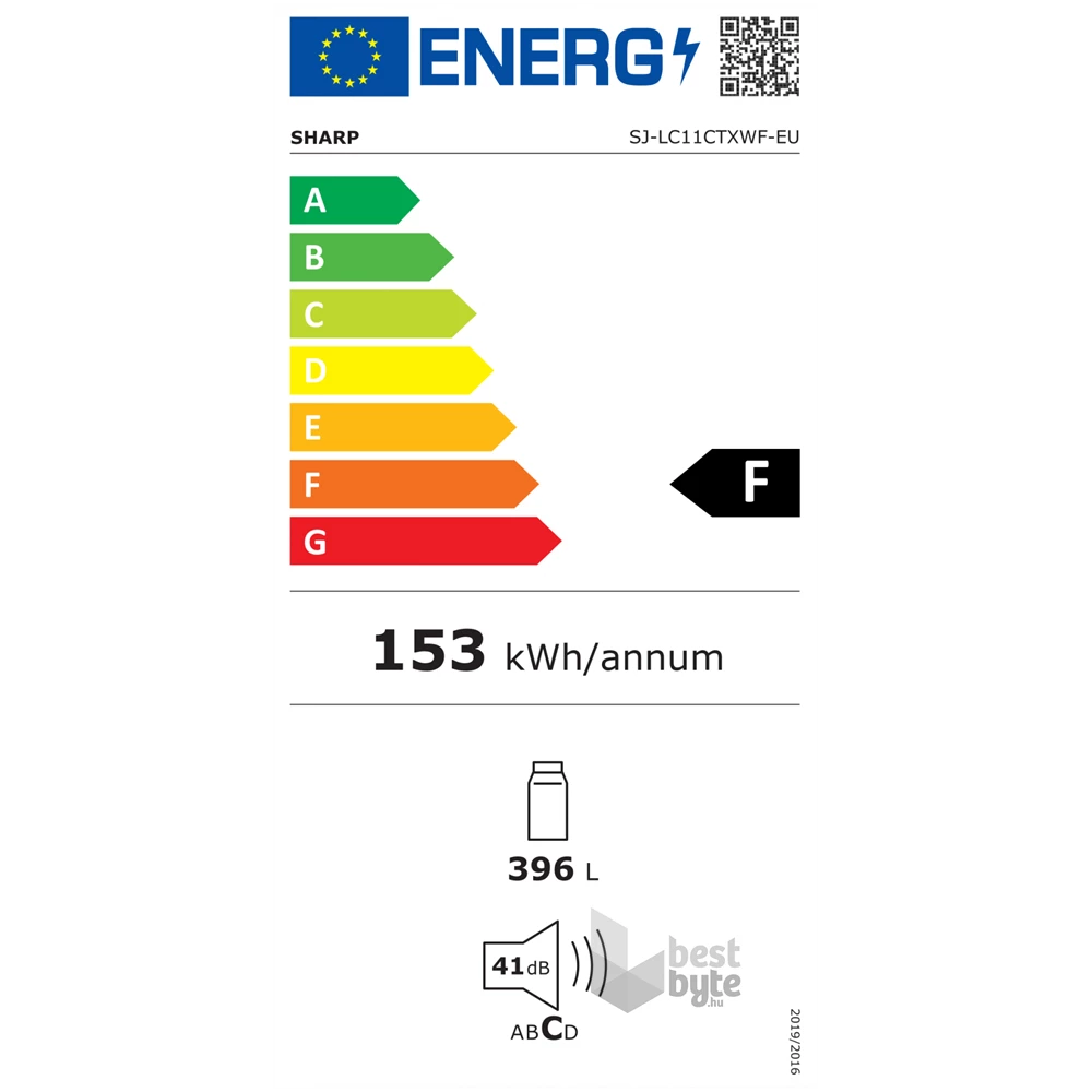Sharp SJ-LC11CTXWF-EU fehér, egyajtós, Hűtő:396L, hűtőszekrény