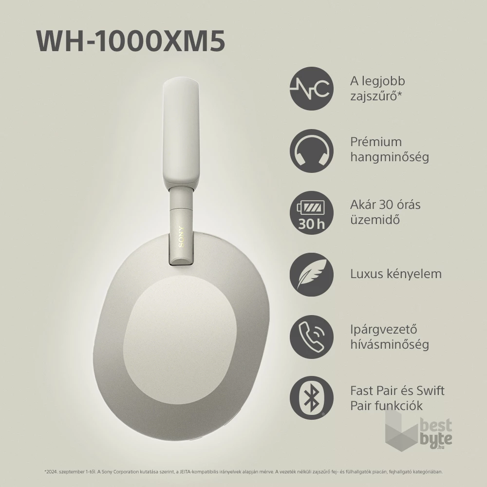 Sony WH-1000XM5 Bluetooth platina ezüst fejhallgató