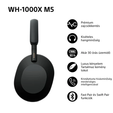 Sony WH-1000XM5 Prémium Bluetooth fekete zajszűrős fejhallgató