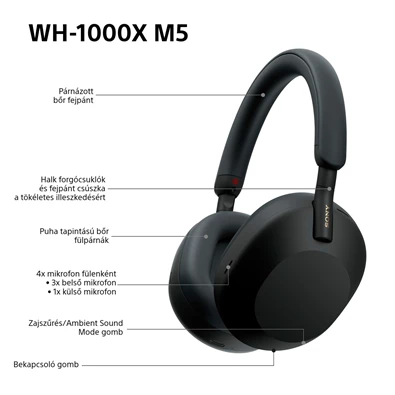 Sony WH-1000XM5 Prémium Bluetooth fekete zajszűrős fejhallgató