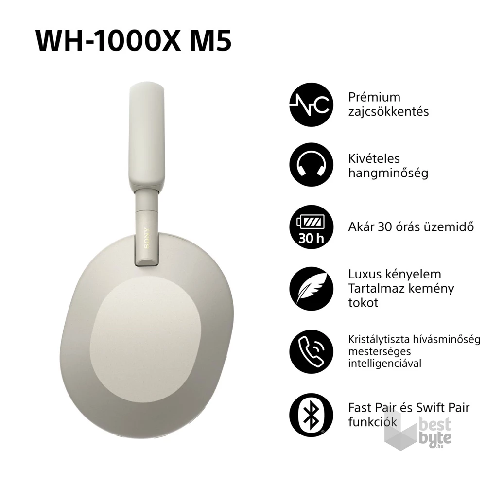 Sony WH-1000XM5 Prémium Bluetooth platina ezüst zajszűrős fejhallgató