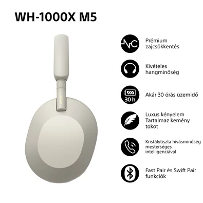 Sony WH-1000XM5 Prémium Bluetooth platina ezüst zajszűrős fejhallgató