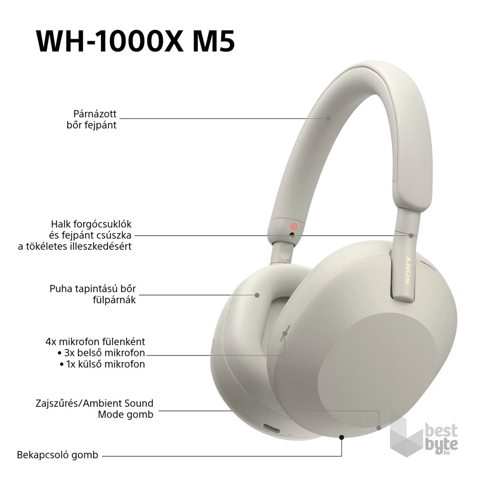 Sony WH-1000XM5 Prémium Bluetooth platina ezüst zajszűrős fejhallgató