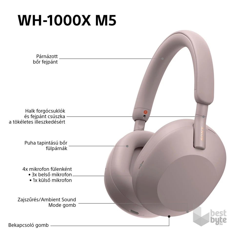 Sony WH-1000XM5 Prémium Bluetooth rózsaszín zajszűrős fejhallgató