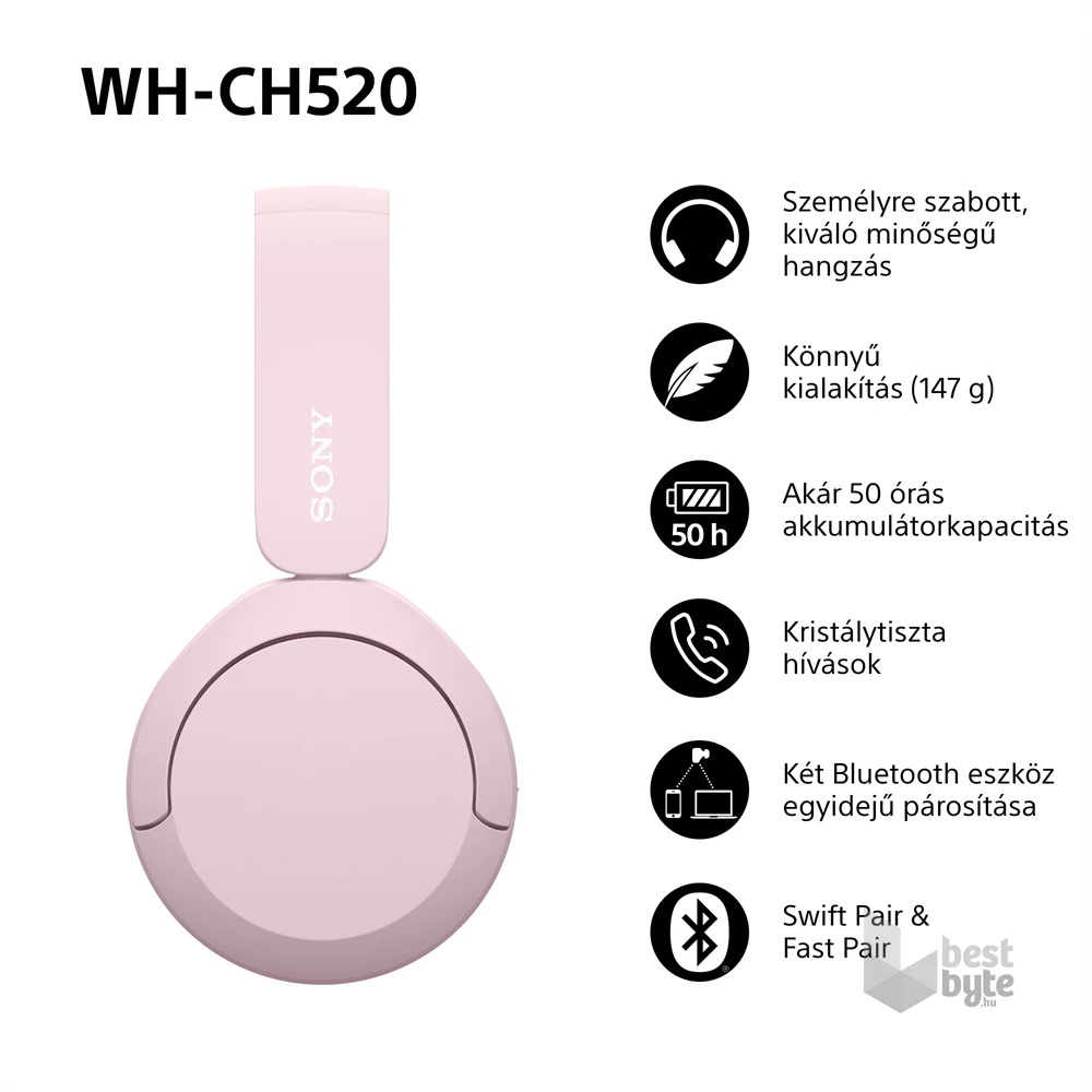 Sony WH-CH520 Bluetooth rózsaszín fejhallgató