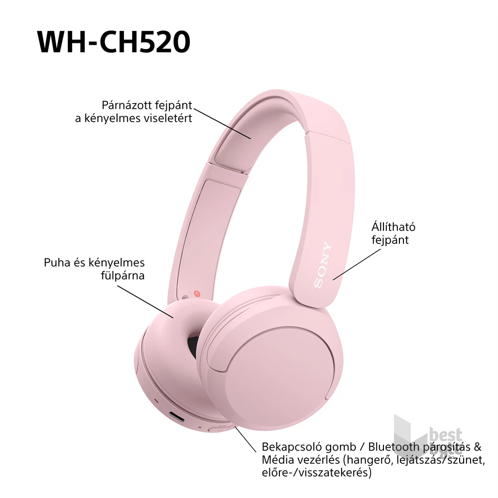 Sony WH-CH520 Bluetooth rózsaszín fejhallgató