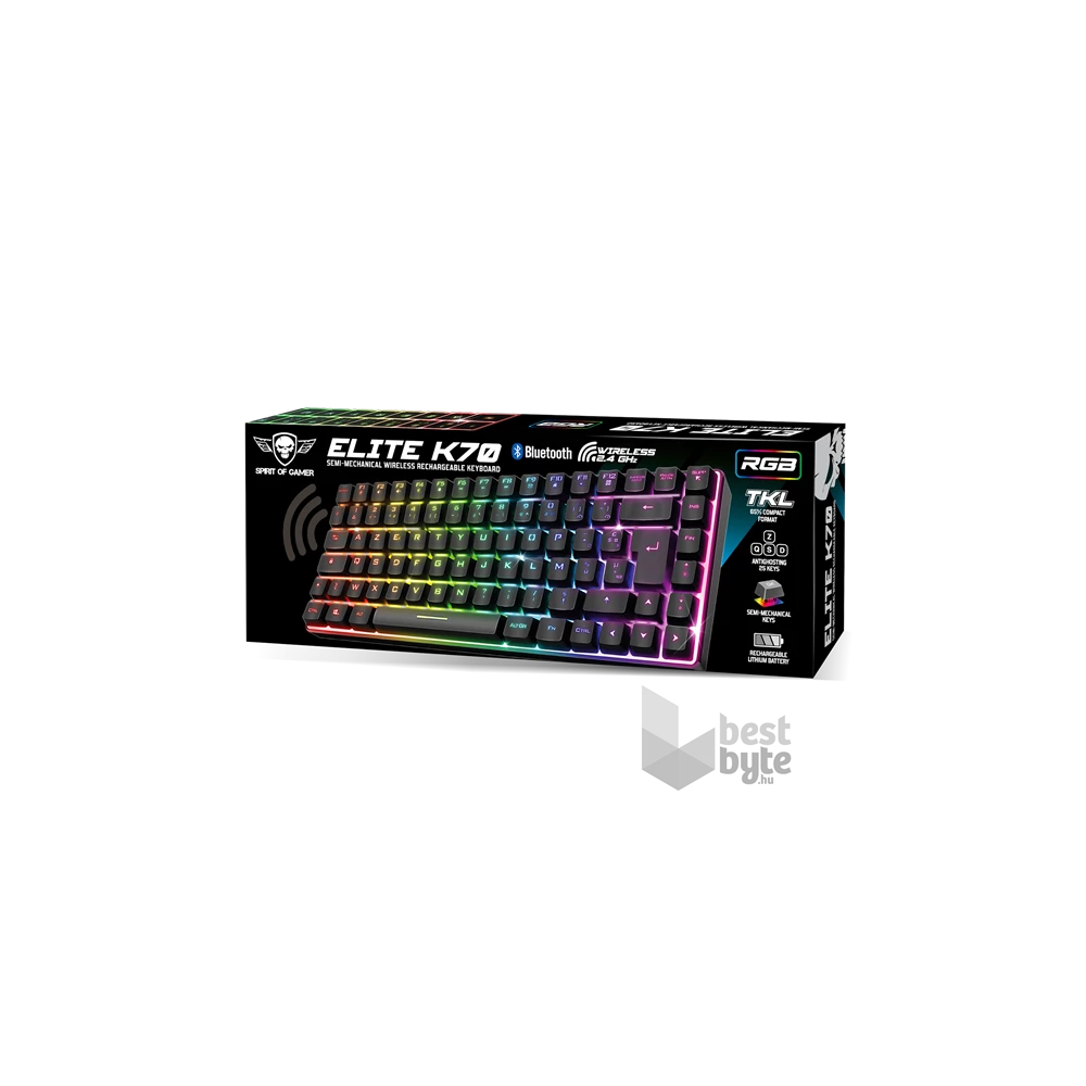 Spirit of Gamer ELITE K70 (TKL, 85 gomb,, RGB LED,USB, anti-ghost, fekete, magyar) vezeték nélküli billentyűzet