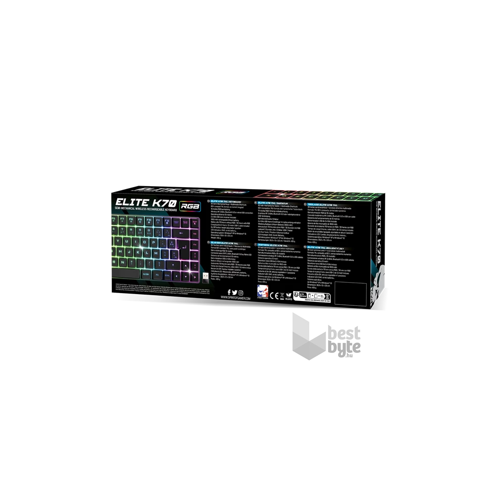 Spirit of Gamer ELITE K70 (TKL, 85 gomb,, RGB LED,USB, anti-ghost, fekete, magyar) vezeték nélküli billentyűzet