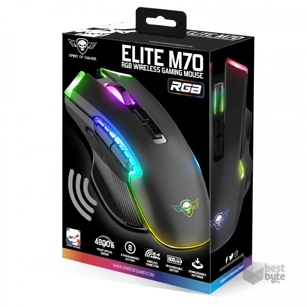 Spirit of Gamer ELITE-M70 4800DPI fekete vezeték nélküli gamer egér