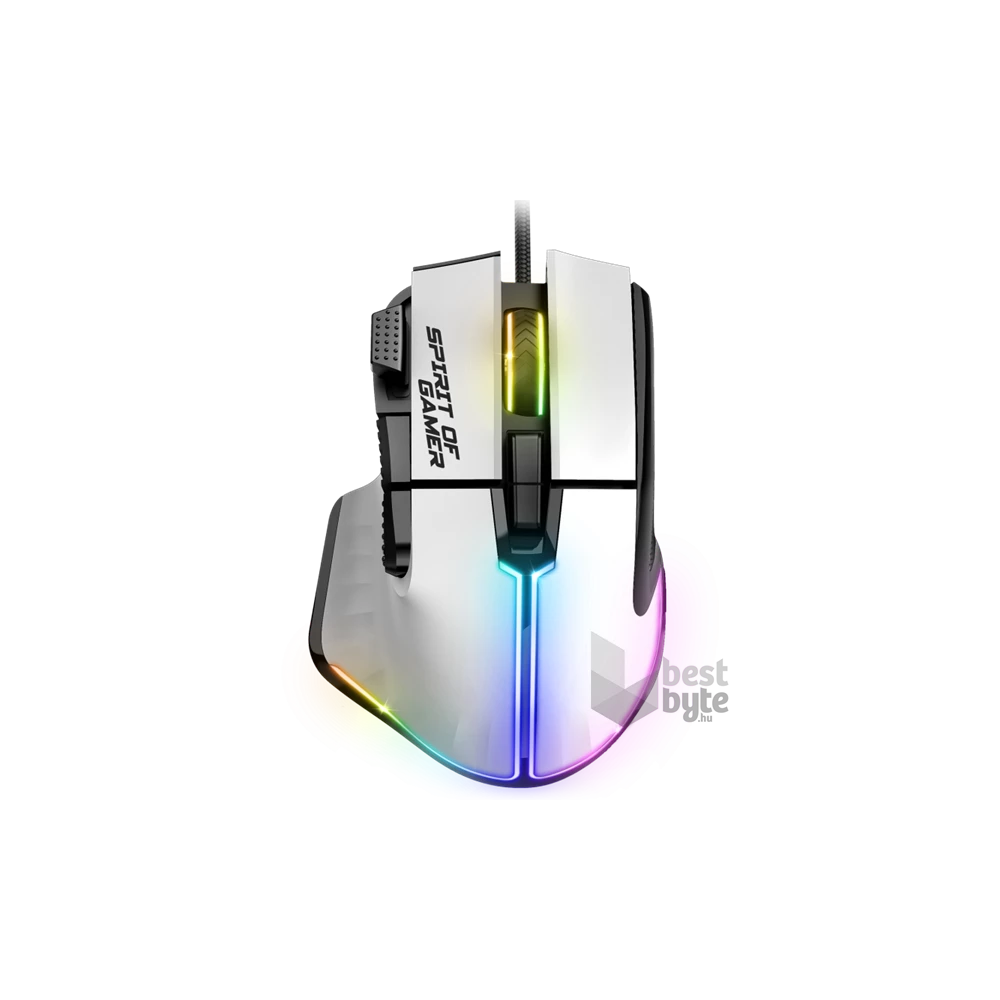Spirit of Gamer PRO-M5 Arctic (Optikai, 12800DPI, 1000Hz, 8 gomb, harisnyázott kábel) fehér egér