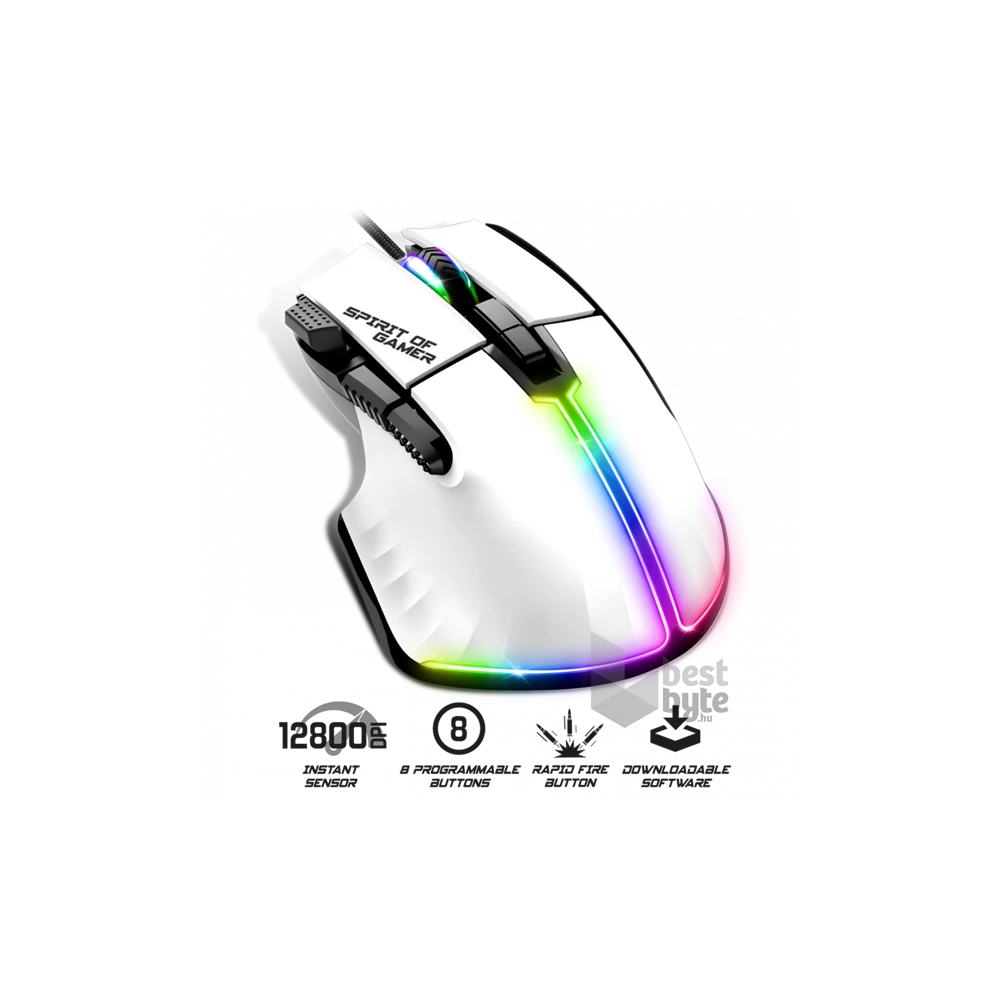 Spirit of Gamer PRO-M5 Arctic (Optikai, 12800DPI, 1000Hz, 8 gomb, harisnyázott kábel) fehér egér