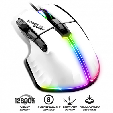 Spirit of Gamer PRO-M5 Arctic (Optikai, 12800DPI, 1000Hz, 8 gomb, harisnyázott kábel) fehér egér