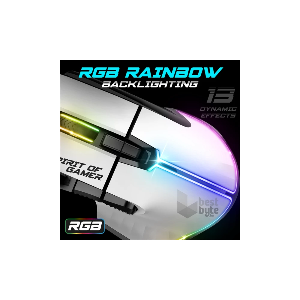 Spirit of Gamer PRO-M5 Arctic (Optikai, 12800DPI, 1000Hz, 8 gomb, harisnyázott kábel) fehér egér