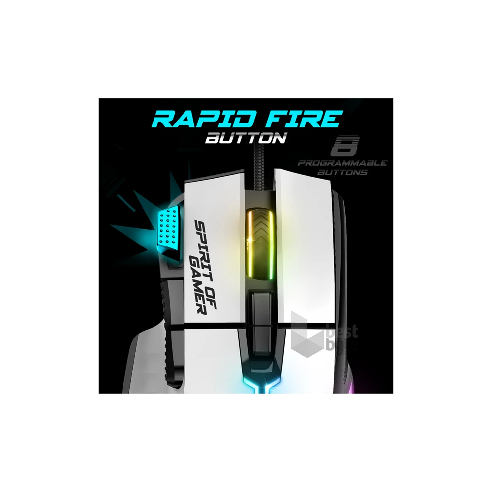 Spirit of Gamer PRO-M5 Arctic (Optikai, 12800DPI, 1000Hz, 8 gomb, harisnyázott kábel) fehér egér