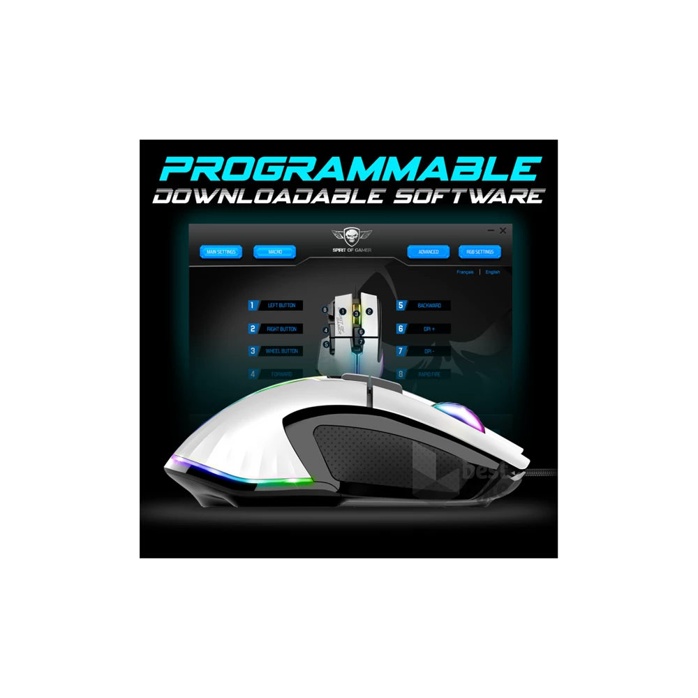 Spirit of Gamer PRO-M5 Arctic (Optikai, 12800DPI, 1000Hz, 8 gomb, harisnyázott kábel) fehér egér